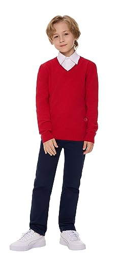 SMILING PINKER Jungen Pullover V-Ausschnitt Uniform Langärmelig Stricken Basic Sweater(Rot,11-12 Jahre) von SMILING PINKER