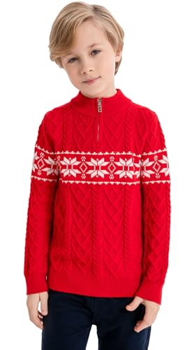 SMILING PINKER Jungen Pullover Weihnachten Strickpullover Quarter-Zip Kabel Gestrickt Kinder Herbst Winter Langarm Strickpulli(Rot,7-8 Jahre) von SMILING PINKER