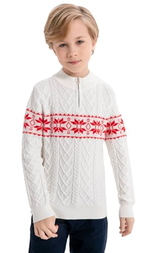 SMILING PINKER Jungen Pullover Weihnachten Strickpullover Quarter-Zip Kabel Gestrickt Kinder Herbst Winter Langarm Strickpulli(Weiß,5-6 Jahre) von SMILING PINKER