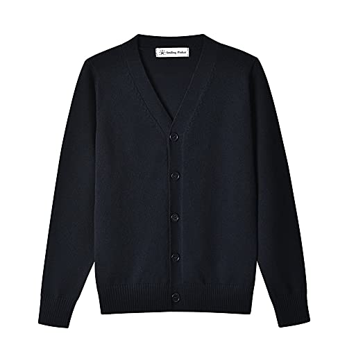 SMILING PINKER Jungen Strickjacke Kinder Baumwolle V-Ausschnitt Cardigan mit Knopfleiste(Dunkle Marine,10-11Jahre) von SMILING PINKER