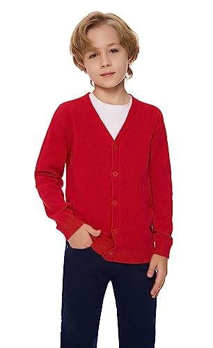 SMILING PINKER Jungen Strickjacke Kinder Baumwolle V-Ausschnitt Cardigan mit Knopfleiste(Rot,7-8 Jahre) von SMILING PINKER