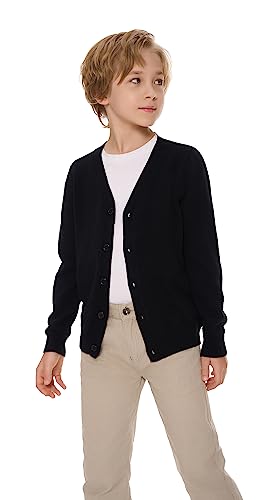 SMILING PINKER Jungen Strickjacke Kinder Baumwolle V-Ausschnitt Cardigan mit Knopfleiste(Schwarz,10-11Jahre) von SMILING PINKER