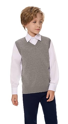 SMILING PINKER Jungen Strickweste V-Ausschnitt Kinder Baumwolle Ärmellos Pullunder(Grau,9-10 Jahre) von SMILING PINKER