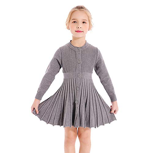 SMILING PINKER Kinder Mädchen Plissee Kleid Langarm Knopfleiste Schule Strickpullover Kleider, grau, 4-5 Jahre von SMILING PINKER