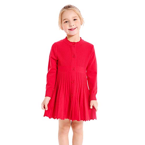 SMILING PINKER Kinder Mädchen Plissee Kleid Langarm Knopfleiste Schule Strickpullover Kleider, rot, 7-8 Jahre von SMILING PINKER