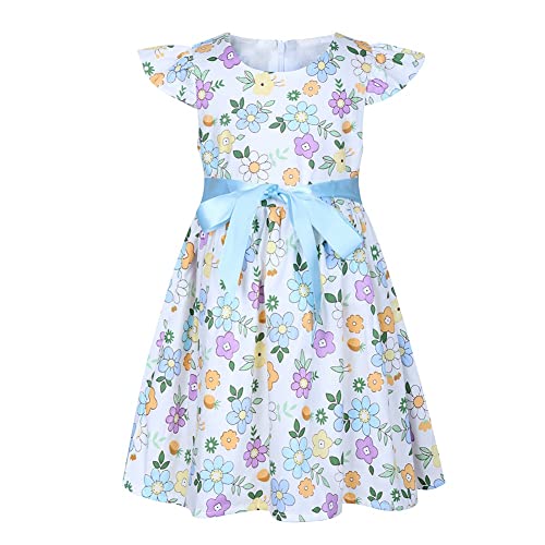 SMILING PINKER Kleid Baby Mädchen Kleinkind Blume Baumwolle Sommerkleid Lässig Rüschenärme(Blau,4-5Jahre) von SMILING PINKER