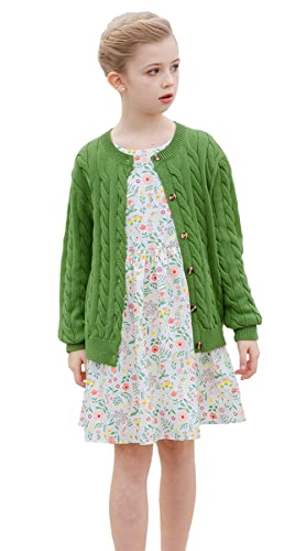 SMILING PINKER Mädchen Aran Strickjacke Jungen Kinder Gestrickt Rundhals Baumwolle Grobe Pullover Jacke mit Knopf(Green,3-4Jahre) von SMILING PINKER