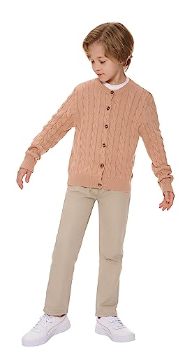 SMILING PINKER Mädchen Aran Strickjacke Jungen Kinder Gestrickt Rundhals Baumwolle Grobe Pullover Jacke mit Knopf(Khaki,8-9Jahre) von SMILING PINKER