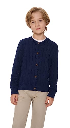 SMILING PINKER Mädchen Aran Strickjacke Jungen Kinder Gestrickt Rundhals Baumwolle Grobe Pullover Jacke mit Knopf(Marine,6-7Jahre) von SMILING PINKER