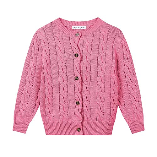 SMILING PINKER Mädchen Aran Strickjacke Jungen Kinder Gestrickt Rundhals Baumwolle Grobe Pullover Jacke mit Knopf(Rosa,2-3Jahre) von SMILING PINKER