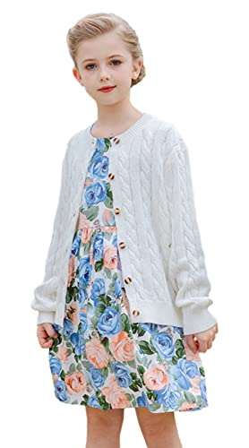 SMILING PINKER Mädchen Aran Strickjacke Jungen Kinder Gestrickt Rundhals Baumwolle Grobe Pullover Jacke mit Knopf (Weiß Gestrick,5-6Jahre) von SMILING PINKER