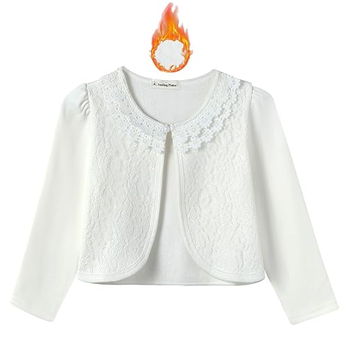 SMILING PINKER Mädchen Bolero Cardigan Langarm Spitze, Elfenbeinfarbenes Fleece, 7-8 Jahre von SMILING PINKER