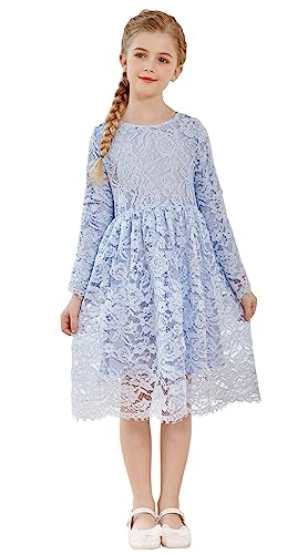 SMILING PINKER Mädchen Festliches Kleid Kinder Spitze Langarm Blumenmädchen Hochzeit Prinzessin Kommunion Kleider(Blau,3-4 Jahre) von SMILING PINKER