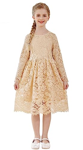 SMILING PINKER Mädchen Festliches Kleid Kinder Spitze Langarm Blumenmädchen Hochzeit Prinzessin Kommunion Kleider(Champagner,3-4 Jahre) von SMILING PINKER