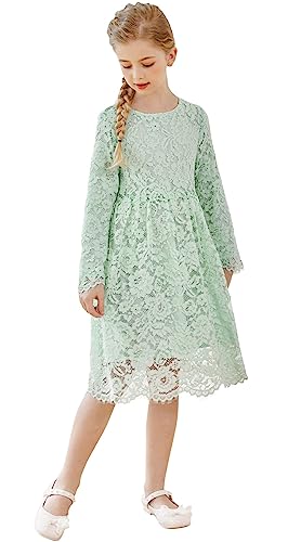SMILING PINKER Mädchen Festliches Kleid Kinder Spitze Langarm Blumenmädchen Hochzeit Prinzessin Kommunion Kleider(Mintgrün,5-6 Jahre) von SMILING PINKER