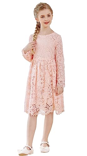 SMILING PINKER Mädchen Festliches Kleid Kinder Spitze Langarm Blumenmädchen Hochzeit Prinzessin Kommunion Kleider(Rosa,3-4 Jahre) von SMILING PINKER