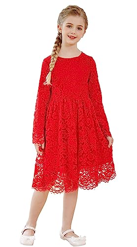 SMILING PINKER Mädchen Festliches Kleid Kinder Spitze Langarm Blumenmädchen Hochzeit Prinzessin Kommunion Kleider(Rot,3-4 Jahre) von SMILING PINKER