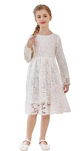 SMILING PINKER Mädchen Festliches Kleid Kinder Spitze Langarm Blumenmädchen Hochzeit Prinzessin Kommunion Kleider(Weiß,3-4 Jahre) von SMILING PINKER