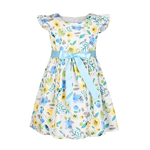 SMILING PINKER Mädchen Kleid Baumwolle Blume Sommer Party Mädchenkleider (4-5 Jahre, Blaue Blume) von SMILING PINKER