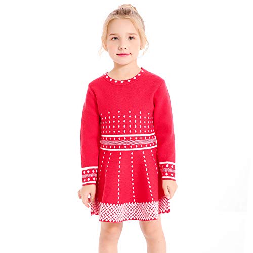 SMILING PINKER Mädchen Kleid Gestricktes Pulloverkleid Langarm A-Linie Winterkleider(7-8 Jahre,Rot) von SMILING PINKER