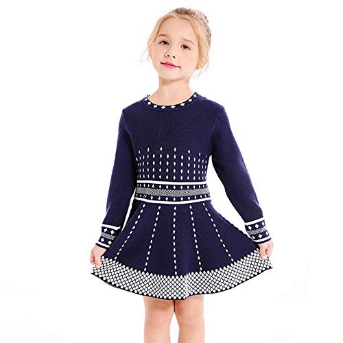 SMILING PINKER Mädchen Kleid Gestricktes Pulloverkleid Langarm A-Linie Winterkleider(8-9 Jahre,Navy blau) von SMILING PINKER