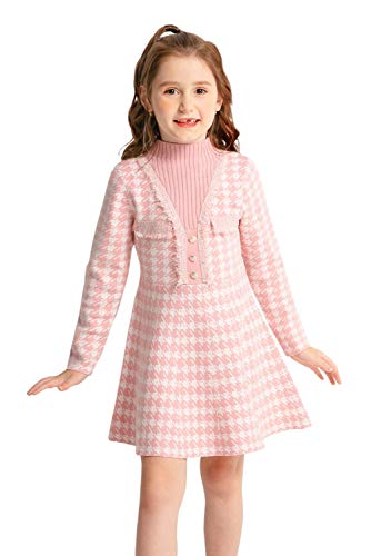 SMILING PINKER Mädchen Kleid Mock Neck Hahnentritt Stehkragen Party Strickkleid(3-4 Jahre,Rosa) von SMILING PINKER