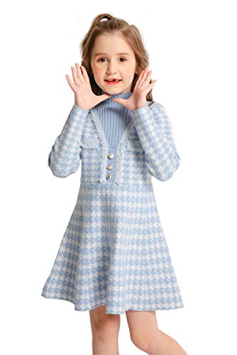 SMILING PINKER Mädchen Kleid Mock Neck Hahnentritt Stehkragen Party Strickkleid(6-7 Jahre,Blau) von SMILING PINKER