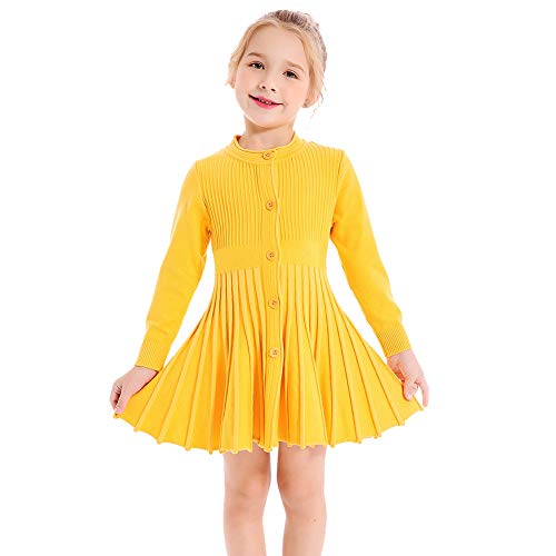 SMILING PINKER Mädchen Kleider Langarm Strickkleid Plissee Röcke Einfarbig Basic Herbst Winter Kleid(Gelb,5-6 Jahre) von SMILING PINKER
