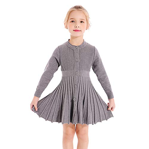 SMILING PINKER Mädchen Kleider Langarm Strickkleid Plissee Röcke Einfarbig Basic Herbst Winter Kleid(Grau,10-12 Jahre) von SMILING PINKER