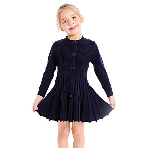 SMILING PINKER Mädchen Kleider Langarm Strickkleid Plissee Röcke Einfarbig Basic Herbst Winter Kleid(Navy blau,10-12 Jahre) von SMILING PINKER