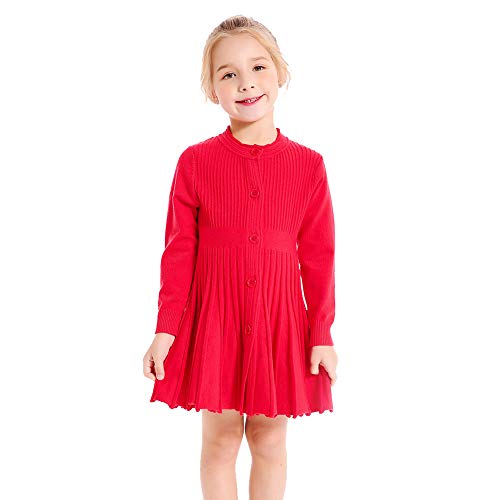 SMILING PINKER Mädchen Kleider Langarm Strickkleid Plissee Röcke Einfarbig Basic Herbst Winter Kleid(Rot,4-5 Jahre) von SMILING PINKER