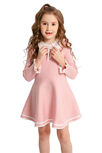 SMILING PINKER Mädchen Kleider Langarm Strickkleid Rüsche Bowknot Pulloverkleid(4-5 Jahre,Rosa) von SMILING PINKER