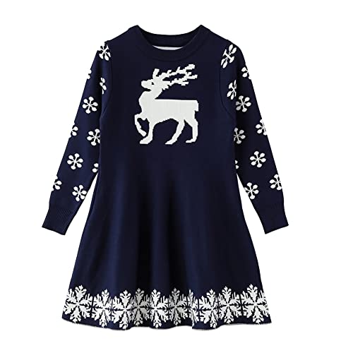 SMILING PINKER Mädchen Kleider Langarm Weihnachtskleid Kinder Stricken Weihnachte Hirsch Freizeitkleidn für Herbst Winter Swing Kleid(Navy blau,3-4 ans) von SMILING PINKER