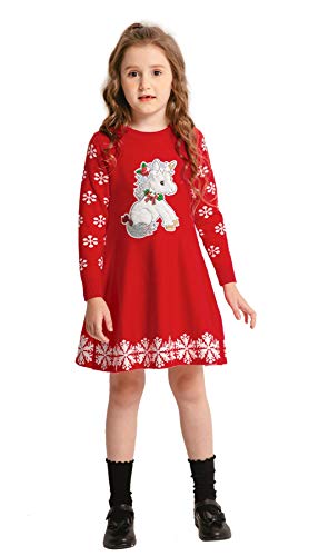 SMILING PINKER Mädchen Kleider Winter Weihnachtspullover Langarm Einhorn Strickkleid (128, Rot) von SMILING PINKER