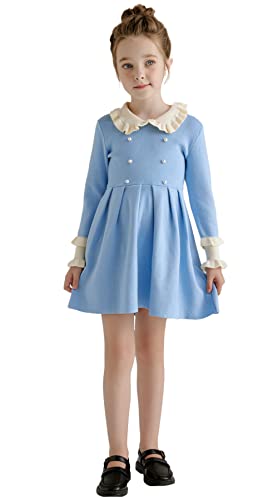 SMILING PINKER Mädchen Pullover Kleid Langarm Rüschen Kragen Rüschenbündchen Strickkleid(3-4 Jahre,Blau) von SMILING PINKER