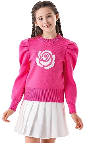 SMILING PINKER Mädchen Pullover mit Puffärmeln Schmetterling Kamelie Rundhalsausschnitt Strick Kurz Oberteil Kinder Warm Pulli(Heiße rosa Kamelie,10-11 Jahre) von SMILING PINKER