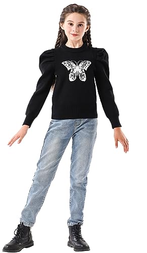 SMILING PINKER Mädchen Pullover mit Puffärmeln Schmetterling Kamelie Rundhalsausschnitt Strick Kurz Oberteil Kinder Warm Pulli(Schwarz,10-11 Jahre) von SMILING PINKER