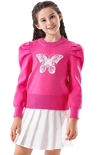 SMILING PINKER Mädchen Pullover mit Puffärmeln Schmetterling Kamelie Rundhalsausschnitt Strick Kurz Oberteil Kinder Warm Pulli(Heißes Rosa,10-11 Jahre) von SMILING PINKER