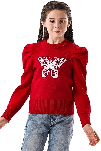 SMILING PINKER Mädchen Pullover mit Puffärmeln Schmetterling Kamelie Rundhalsausschnitt Strick Kurz Oberteil Kinder Warm Pulli(Rot,10-11 Jahre) von SMILING PINKER