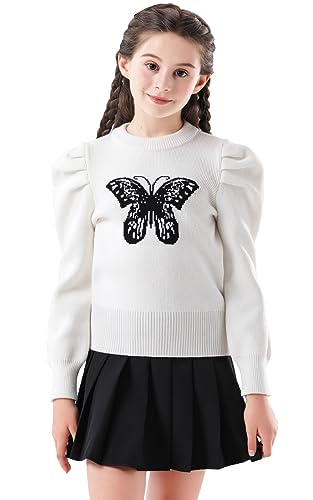 SMILING PINKER Mädchen Pullover mit Puffärmeln Schmetterling Kamelie Rundhalsausschnitt Strick Kurz Oberteil Kinder Warm Pulli(Weiß,10-11 Jahre) von SMILING PINKER