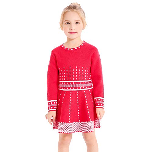 SMILING PINKER Mädchen Pulloverkleid Argyle Strick Winter Party Kleid, rot, 6-7 Jahre von SMILING PINKER