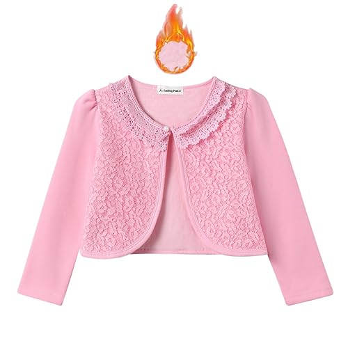 SMILING PINKER Mädchen Spitzen Schulterjacke Fleece Futter Jäckchen Bolero Kinder Langarm Kommunion Kurze Strickjacke(Rosa Fleece, 3–4 Jahre) von SMILING PINKER