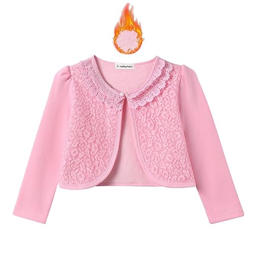 SMILING PINKER Mädchen Spitzen Schulterjacke Fleece Futter Jäckchen Bolero Kinder Langarm Kommunion Kurze Strickjacke(Rosa Fleece, 4–5 Jahre) von SMILING PINKER
