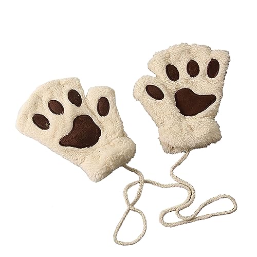 Handschuhe Damen Niedlich Katze Klaue Pfote Plüschwarmen Fingerlose Handschuhe Kawaii Cosplay Kunstpelz Warm Katzen Handschuhe Winter Halbfingerhandschuhe für Mädchen Frauen (Beige, One Size) von SMILKRPOJ