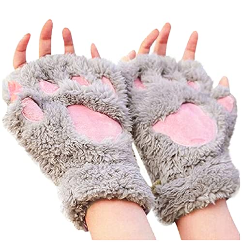Niedliche Katze Klaue Pfote Plüschwarme Fingerlose Handschuhe - Kawaii Cosplay Kunstpelz Warm Katzen Winter Halbfingerhandschuhe für Damen Mädchen Frauen (Grau, One Size) von SMILKRPOJ