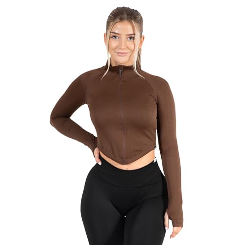 SMILODOX CROP TRAININGSJACKE SERINA für Damen | Shaped Fit, Seamless, mit Daumenlöchern - Ideal für Fitness, Yoga & Sport, Größe:XS, Color:Braun von SMILODOX