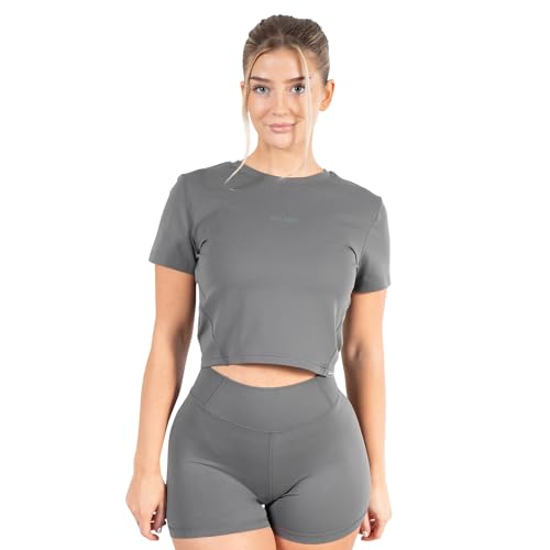 SMILODOX Damen Crop T-Shirt Advance Pro - Regular Fit Kurzarm Oberteil mit Rundhals, Größe:L, Color:Dunkelgrau von SMILODOX
