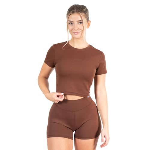 SMILODOX Damen Crop T-Shirt Advance Pro - Regular Fit Kurzarm Oberteil mit Rundhals, Größe:M, Color:Braun von SMILODOX