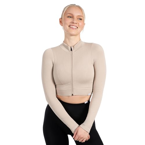 SMILODOX Damen Crop Trainingsjacke Slim Fit Zeya, figurbetonte Laufjacke, Fitness Oberteil mit hohem Kragen, Zip-Jacke mit Rippstruktur & Stretch, Sportjacke für Workout, Alltag, Yoga & Pilates von SMILODOX