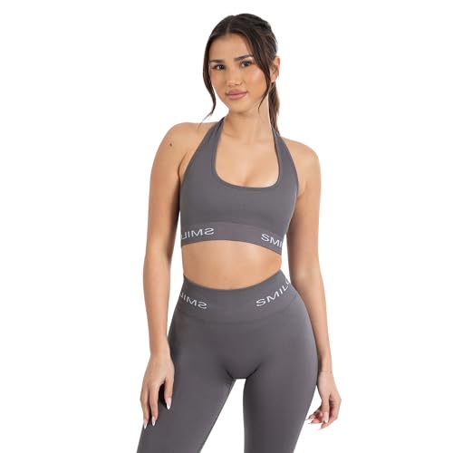 SMILODOX Sport BH Damen Azura - Seamless Rückenfrei Crop Top - Neckholder Sport Bra mit Starken Halt und Kompressionsgefühl Yoga Tank Top für Fitness Gym & Alltag, Größe:S, Color:Anthrazit von SMILODOX